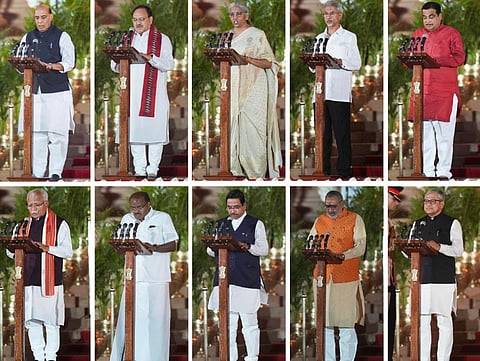 BJP leaders Rajnath Singh, JP Nadda, Nirmala Sitharaman, S Jaishankar and Nitin Gadkari; (from left to right in the bottom row) BJP leader Manohar Lal, JDS Chief HD Kumaraswamy, other BJP MPs Pralhad Joshi, Giriraj Singh and Ashwini Vaishnaw taking oath as ministers at the swearing-in ceremony of the new Union government, in New Delhi, Sunday, June 9, 2024.