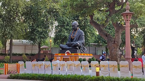 The statue of Mahatma Gandhi during the inauguration of the 'Prerna Sthal' at the Parliament House complex, in New Delhi, Sunday, June 16, 2024. Vice President and Rajya Sabha Chairman Jagdeep Dhankhar inaugurated the 'Prerna Sthal'.