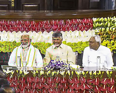 Key BJP allies -- TDP chief N Chandrababu Naidu (M)and Bihar Chief Minister and JD(U) supremo Nitish Kumar (R)-