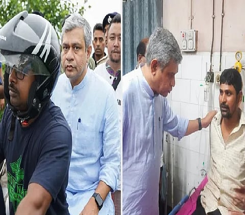 Railway Minister Ashwini Vaishnaw' reaching the accident site riding pillion on a motorcycle