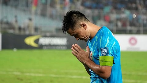 India's captain Sunil Chhetri acknowledges fans after a FIFA World Cup 2026 Qualifier football match between India and Kuwait, at the Vivekananda Yuba Bharati Krirangan (Salt Lake Stadium), in Kolkata, Thursday, June 6, 2024.