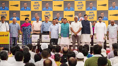 Delhi Chief Minister Arvind Kejriwal at the AAP office ahead of his surrender at the Tihar jail, in New Delhi, Sunday, June 2, 2024.