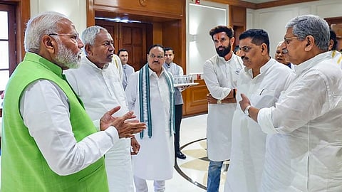 Prime Minister Narendra Modi during a meeting with National Democratic Alliance (NDA) meeting at PM's residence, in New Delhi, Wednesday, June 5, 2024.