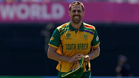 South Africa's Anrich Nortje reacts after bowling his last over during the ICC Men's T20 World Cup cricket match between South Africa and Sri Lanka at the Nassau County International Cricket Stadium in Westbury, New York, Monday, June 3, 2024.