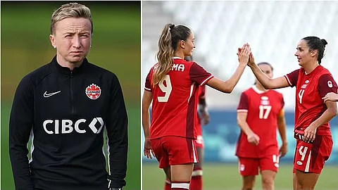 Canada women's soccer coach Bev Priestman (L)