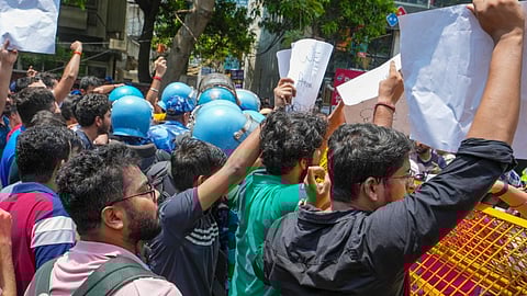 Students protest outside Karol Bagh metro station after three IAS aspirants died in the basement of Rau�s IAS Study Circle at Old Rajinder Nagar area, in New Delhi, Sunday, July 28, 2024.