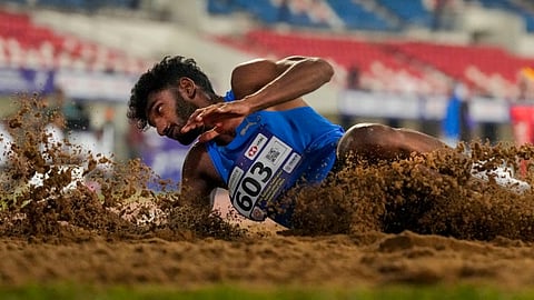 Jeswin Aldrin of Tamil Nadu competes in the men's long jump event at the 27th National Federation Senior Athletics Competition, in Bhubaneswar, Tuesday, May 14, 2024. Aldrin won the event.