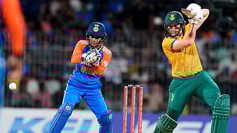 South Africa Women's Tazmin Brits plays a shot during the second T20 cricket match of a series between India Women and South Africa Women, at the MA Chidambaram Stadium, in Chennai, Sunday, July 7, 2024.
