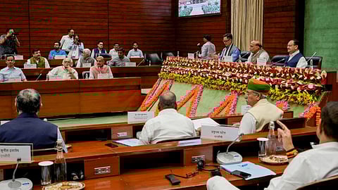 Defence Minister Rajnath Singh, Union Minister for Parliamentary Affairs Kiren Rijiju and Union Minister Jagat Prakash Nadda during the all-party meeting ahead of the Budget session of Parliament, in New Delhi, Sunday, July 21, 2024.