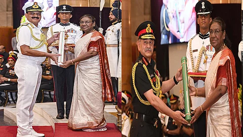 President Droupadi Murmu confers Param Vishisht Seva Medal to Navy Chief Admiral Dinesh Kumar Tripathi and Army Chief General Upendra Dwivedi