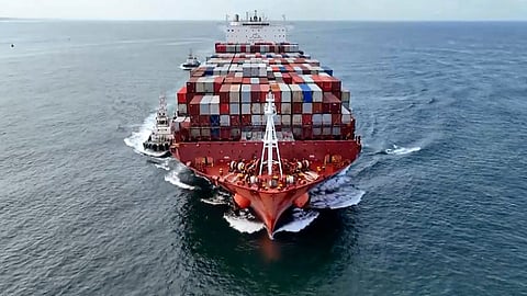 Chinese cargo vessel 'San Fernando' arrives at the Vizhinjam international sea port, marking the first container ship's arrival at the newly-built port, in Thiruvananthapuram, Thursday, July 11, 2024.