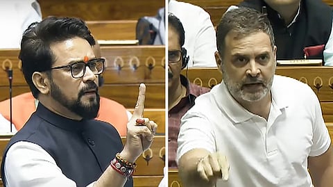 Leader of Opposition in Lok Sabha and Congress MP Rahul Gandhi (R) and BJP MP Anurag Thakur in the House during the Monsoon session of Parliament, in New Delhi, Tuesday, July 30, 2024.