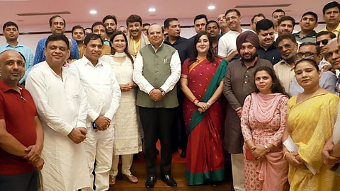 Delhi Lt Governor Vinai Kumar Saxena with BJP MPs Manoj Tiwari, Bansuri Swaraj, Kamaljeet Sehrawat and Yogender Chandolia, party leader Arvinder Singh Lovely and others during a meeting with teachers over the recent transfer orders, in New Delhi.