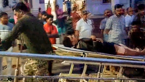 An injured police personnel being taken for treatment after an improvised explosive device (IED), planted by Naxalites, exploded, in Bijapur district of Chhattisgarh, Thursday, July 18, 2024.