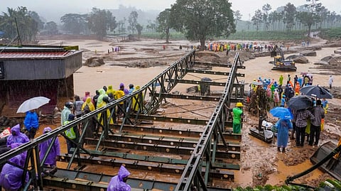 A Bailey bridge being constructed after landslides triggered by heavy rain at Chooralmala, in Wayanad district, Wednesday, July 31, 2024.