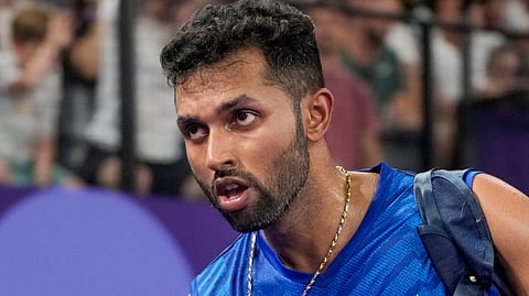 India's HS Prannoy leaves after his men's singles Round of 16 badminton match against compatriot Lakshya Sen at the 2024 Summer Olympics, in Paris, France, Thursday, Aug. 1, 2024. Prannoy lost the match.