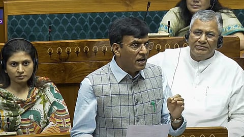Union Minister Mansukh L. Mandaviya speaks in the Lok Sabha during the Monsoon session of Parliament, in New Delhi, Wednesday, Aug. 7, 2024.