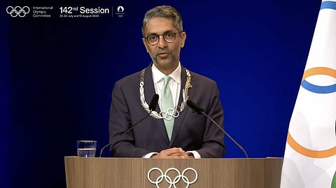 India's Olympic gold-medallist shooter Abhinav Bindra during a ceremony as he was awarded the prestigious Olympic Order by the International Olympic Committee (IOC) at the 142nd IOC Session, in Paris, France, Saturday, Aug. 10, 2024.