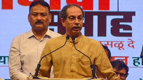 Shiv Sena (UBT) chief Uddhav Thackeray addresses party workers during the concluding function of party's 'Bhagava Saptah', in Thane, Saturday, Aug. 10, 2024.