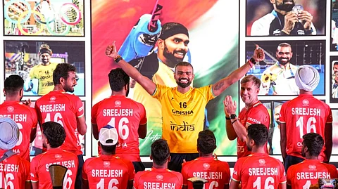 Paris Olympics bronze medallist hockey player PR Sreejesh during a felicitation ceremony by Hockey India, in New Delhi, Wednesday, Aug. 14, 2024.