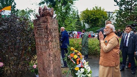 Prime Minister Narendra Modi pays tribute at the Jam Saheb of Nawanagar Memorial, in Warsaw, Poland, Wednesday, Aug. 21, 2024.
