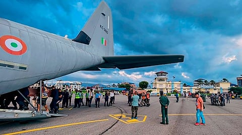Indian Air Force's (IAF) C-130J aircraft being used to transport the mortal remains of Indian citizens who tragically lost their lives in Nepal's bus accident.