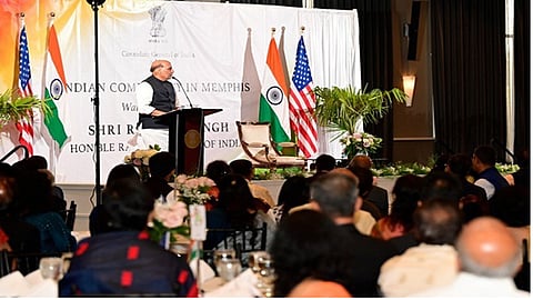 Defence Minister Rajnath Singh interacts with the Indian community