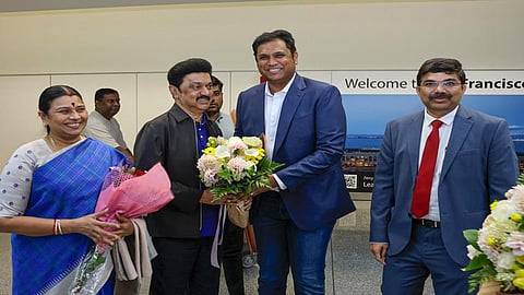 Tamil Nadu CM M K Stalin being welcomed upon his arrival in San Francisco.