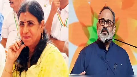 Expelled Congress leader Simi Rosebell John and BJP leader Rajeev Chandrasekhar