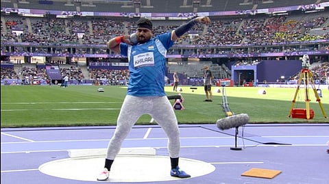 Athlete Sachin Khilari competes in the Men's Shotput F46 event during the Paralympic Games 2024, in Paris. Khilari won a silver medal in the event with an Asian record distance of 16.32m.
