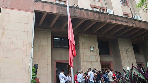 Communist Party of India (Marxist)'s party flag flies at half mast following the demise of the party's General Secretary Sitaram Yechury, at the party office in New Delhi, Thursday, Sept 12, 2024.