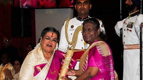 President Droupadi Murmu confers Padma Bhushan on singer Usha Uthup in the field of Art during Padma Awards 2024 ceremony at Rashtrapati Bhavan, in New Delhi, Monday, April 22, 2024.