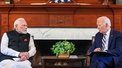 US President Joe Biden and Prime Minister Narendra Modi at a meeting on the sidelines of the Quad Leaders Summit at Archmere Academy in Claymont, Delaware, USA, Saturday, Sept. 21, 2024.