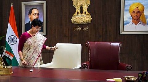 Delhi Chief Minister Atishi takes charge of the office, in New Delhi, Monday, Sept. 23, 2024.