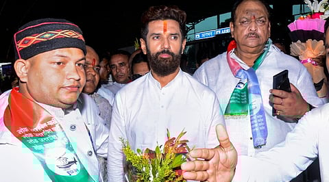 Union Minister and Lok Janshakti Party (Ram Vilas) President Chirag Paswan being welcomed by party workers on his arrival at the Birsa Munda Airport, in Ranchi, Monday, Sept. 23, 2024.