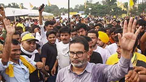 Jan Suraaj founder Prashant Kishor with supporters during the formal launch of his new political party as Jan Suraaj Party at Veterinary College grounds, in Patna, Wednesday, Oct. 2,2024.