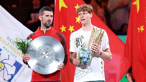 Novak Djokovic and Jannik Sinner at the Shanghai Masters final on October 13, 2024