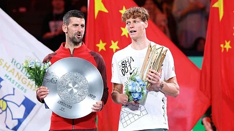 Novak Djokovic and Jannik Sinner at the Shanghai Masters final on October 13, 2024