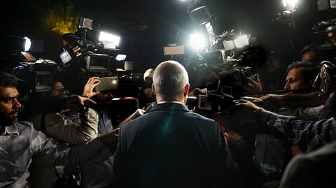 Canada's Deputy High Commissioner to India Stewart Wheeler speaks with the media after a meeting the Ministry of External Affairs officials, in New Delhi, Monday, Oct. 14, 2024.