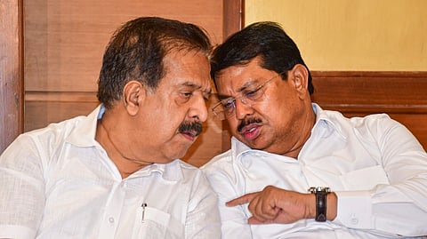 Maharashtra observer Ramesh Chennithala and Congress leader Vijay Wadettiwar at a press conference after Maharashtra Pradesh Congress Committee meeting, in Mumbai, Friday, July 19, 2024.