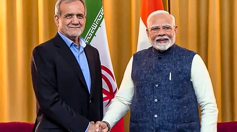 Prime Minister Narendra Modi meets President Masoud Pezeshkian of Iran in Kazan, Russia, Tuesday, Oct. 22, 2024.