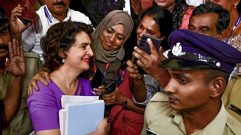 Congress leader and party candidate for the upcoming Wayanad Lok Sabha bypoll Priyanka Gandhi Vadra with supporters after she filed nomination, in Wayanad, Kerala, Wednesday, Oct. 23, 2024.