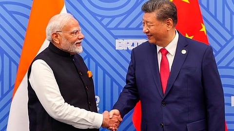 Prime Minister Narendra Modi meets Chinese President Xi Jinping on the sidelines of the 16th BRICS Summit, in Kazan, Russia.