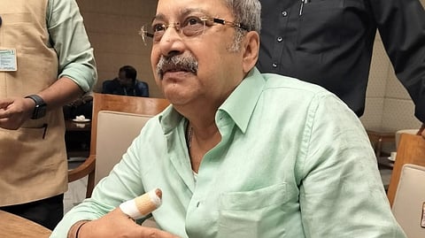 TMC's Kalyan Banerjee after sustaining injuries when he smashed a glass bottle during a heated exchange with BJP's Abhijit Gangopadhyay at a meeting of Joint Parliamentary Committee on Waqf (Amendment) Bill, in New Delhi, Tuesday, Oct. 22, 2024.