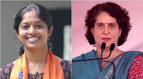 BJP's Navya Haridas (L) , Priyanka Gandhi (R)
