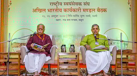 RSS Chief Mohan Bhagwat and Sarkaryavah Dattatreya Hosabale during the two-day national executive meeting of the RSS, in Mathura, Uttar Pradesh, Friday, Oct 25, 2024.