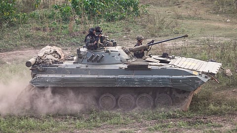 A BMP-2, an infantry combat vehicle (ICV), takes position during a search operation following a terrorist attack on an army convoy, at Akhnoor sector in Jammu, Monday, Oct 28, 2024.