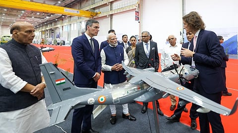 Defence minister Rajnath Singh, Prime Minister Narendra Modi and Spanish Prime Minister Pedro Sanchez inspecting an aircraft prototype at the Tata Aircraft Complex for manufacturing C295 aircraft in Vadodara, Gujarat, Monday, Oct. 28, 2024.