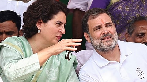 Congress candidate for Wayanad Lok Sabha seat by-polls Priyanka Gandhi with Rahul Gandhi during a public meeting, at Mananthavady, in Wayanad district, Kerala, Sunday, Nov. 3, 2024.