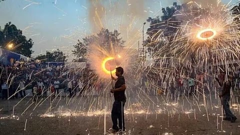 Fire crackers during Diwali celebration in Delhi